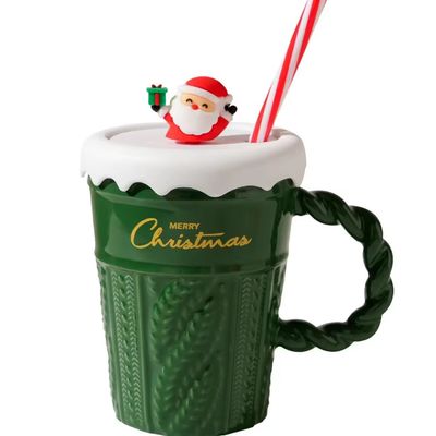 Taza de agua cerámica de Navidad de 2024 con tapa y paja para la oficina en el hogar Taza de bebida para niños Diseño de regalo