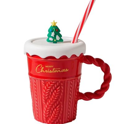 400 ml de capacidad copa de cerámica árbol de Navidad con tapa y paja de material sostenible