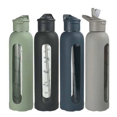 Botellas portátiles de vidrio con logotipo personalizado de 700 ml/1000 ml con mangas de silicona y marca de tiempo