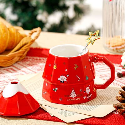 Cuadro de regalo de taza de cerámica de hueso sostenible con cuchara de tapa Diseño creativo de árbol de Navidad