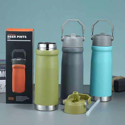 Taza recta Logotipo personalizado Hot Travel 500ml 650Ml Botella de agua deportiva de doble pared de acero inoxidable con mango