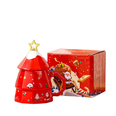 7x12.5cm Taza de café de cerámica con tapa y cuchara Bolsa de regalo de diseño de árbol de Navidad festivo
