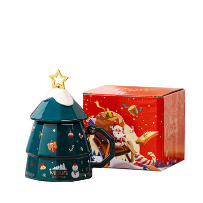Gran capacidad árbol de Navidad diseño copa de cerámica con tapa y cuchara regalo sostenible