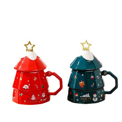 Gran capacidad árbol de Navidad diseño copa de cerámica con tapa y cuchara regalo sostenible