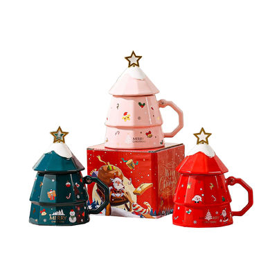 Gran capacidad árbol de Navidad diseño copa de cerámica con tapa y cuchara regalo sostenible