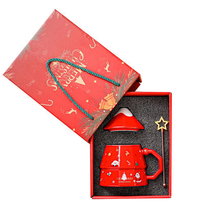 Gran capacidad árbol de Navidad diseño copa de cerámica con tapa y cuchara regalo sostenible