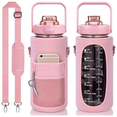 Botella de agua de plástico con manga de almacenamiento de paja motivacional Marcador de tiempo Botella de 2000 ml