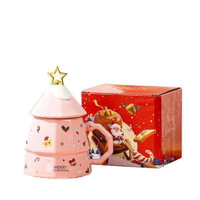 Copa de café cerámica con forma de árbol de Navidad con cuchara y caja de regalos Decoración de Navidad 3D