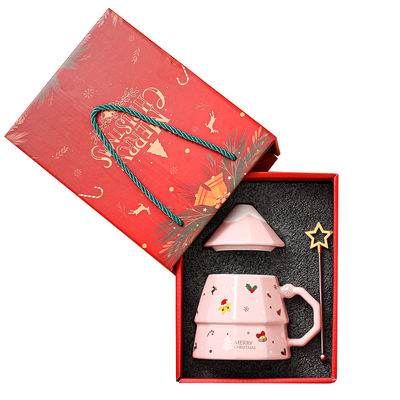 7x12.5cm Rosa Cerámica Taza de Té Taza de café Conjunto de Regalo Con Espejo Capa Diseño del Árbol de Navidad