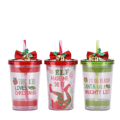 Estilo de diseño lindo Campana de Navidad de doble capa plástico BAP GRATUITO Copo de agua potable de paja