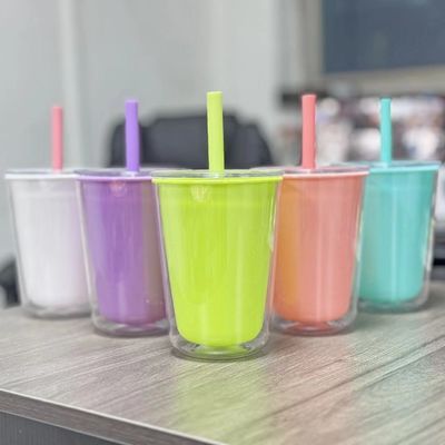 TOUR Botella de agua portátil de plástico de doble pared con copa de bebida de paja de gran capacidad