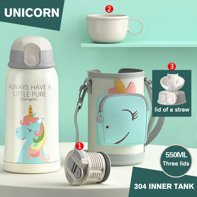 Termos portátil de acero inoxidable de 550 ml con manga de taza y diseño de dibujos animados de paja