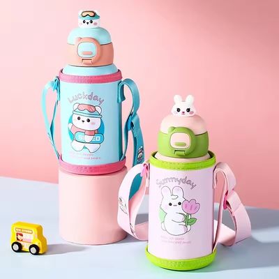 Botella de agua de correa portátil con tapa de diseño moderno de dibujos animados copa de agua de acero inoxidable