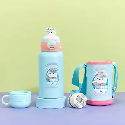 Botella de agua de correa portátil con tapa de diseño moderno de dibujos animados copa de agua de acero inoxidable