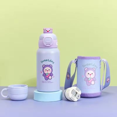 Botella de agua de correa portátil con tapa de diseño moderno de dibujos animados copa de agua de acero inoxidable