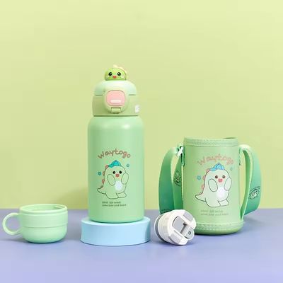 Botella de agua de correa portátil con tapa de diseño moderno de dibujos animados copa de agua de acero inoxidable