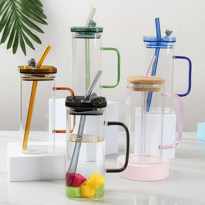 400ml Cuadrado Colorado Mano Copa de vidrio con tapa de bambú y paja Repleto de bebida casera