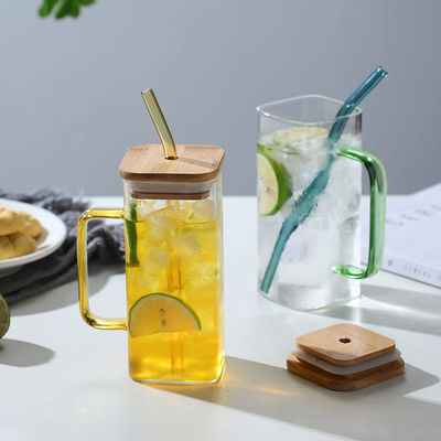 400ml Cuadrado Colorado Mano Copa de vidrio con tapa de bambú y paja Repleto de bebida casera
