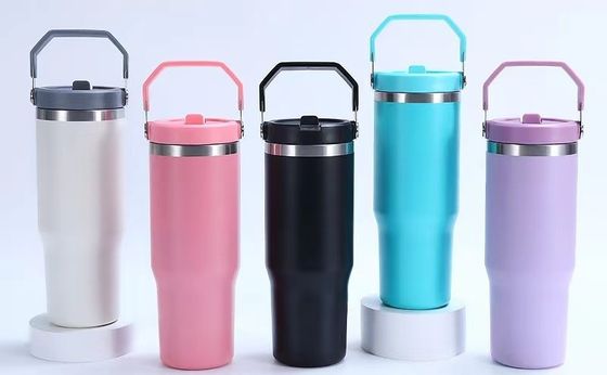 Vacuo aislado botella de agua deportiva de acero inoxidable de 30 oz con paja y mango