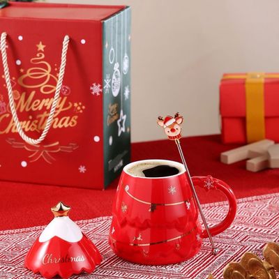 Conjunto de tazas de regalo de Navidad de cerámica con tapa y cuchara 400 ml 500 ml para la taza de té de la tarde de la oficina