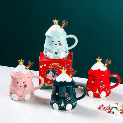 Conjunto de tazas de regalo de Navidad de cerámica con tapa y cuchara 400 ml 500 ml para la taza de té de la tarde de la oficina
