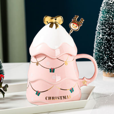Conjunto de tazas de regalo de Navidad de cerámica con tapa y cuchara 400 ml 500 ml para la taza de té de la tarde de la oficina