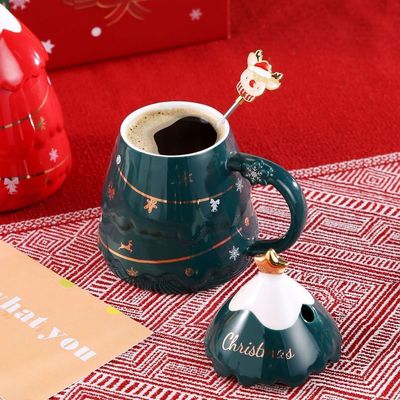 Conjunto de tazas de regalo de Navidad de cerámica con tapa y cuchara 400 ml 500 ml para la taza de té de la tarde de la oficina