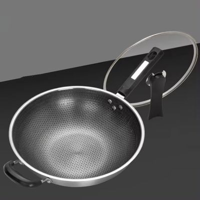 32cm 34cm Wok Pot antiadherente con tapa de vidrio hecha de acero inoxidable antibacteriano 304