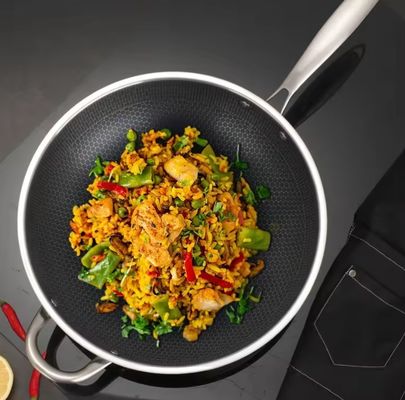 32cm 34cm Wok Pot antiadherente con tapa de vidrio hecha de acero inoxidable antibacteriano 304