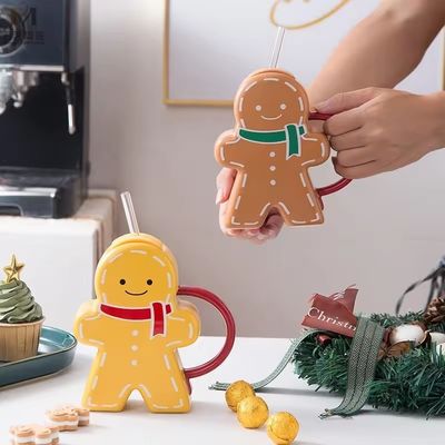 Taza de cerámica de forma de pan de jengibre sostenible de Navidad vintage para familia y amigos