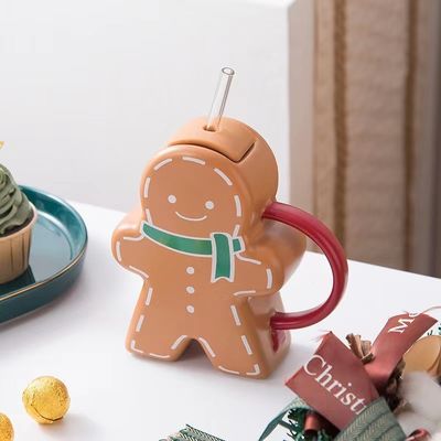 Taza de cerámica de forma de pan de jengibre sostenible de Navidad vintage para familia y amigos