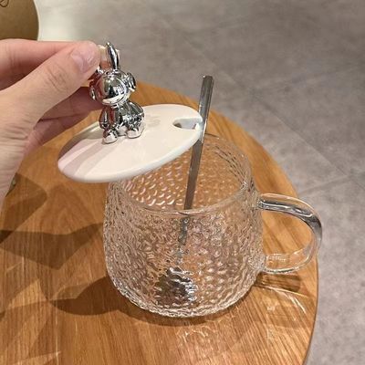 210g Diseño lindo Eco amigable Resistente al calor Taza de café de vidrio alto con tapa de oso
