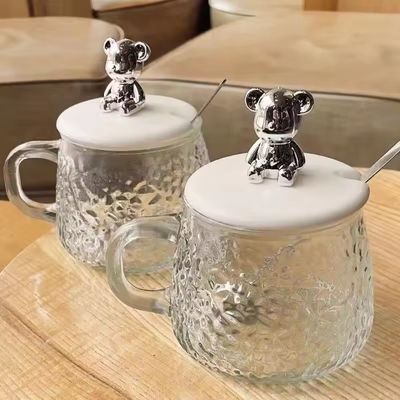 Taza de desayuno con tapa de mango y tapa Taza de café de vidrio transparente 12.5*13*8cm