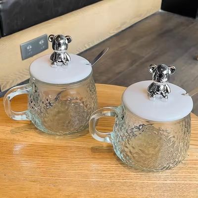 Taza de desayuno con tapa de mango y tapa Taza de café de vidrio transparente 12.5*13*8cm