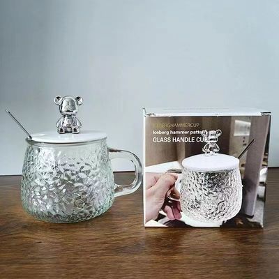 Taza de desayuno con tapa de mango y tapa Taza de café de vidrio transparente 12.5*13*8cm