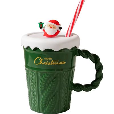 400 ml de capacidad copa de cerámica árbol de Navidad con tapa y paja de material sostenible