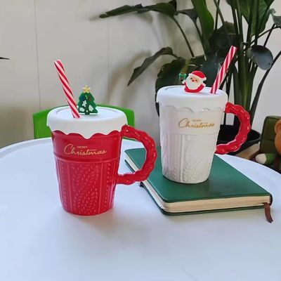 400 ml de capacidad copa de cerámica árbol de Navidad con tapa y paja de material sostenible
