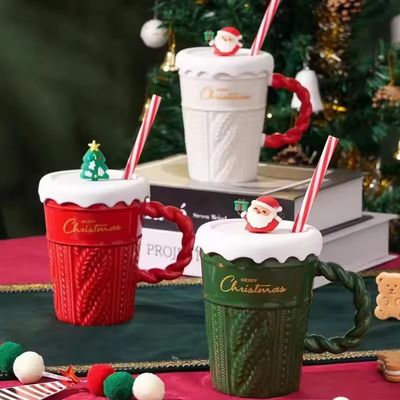 400 ml de capacidad copa de cerámica árbol de Navidad con tapa y paja de material sostenible