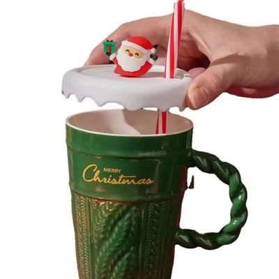 400 ml de capacidad copa de cerámica árbol de Navidad con tapa y paja de material sostenible