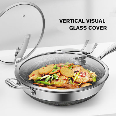316 Acero inoxidable de doble capa Wok de uso doméstico sartén antiadherente con tapa de vidrio