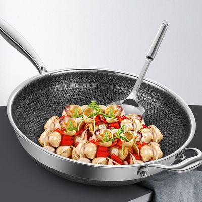 316 Acero inoxidable de doble capa Wok de uso doméstico sartén antiadherente con tapa de vidrio