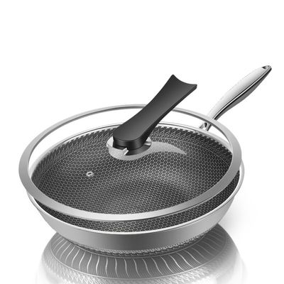Wok de panal de miel de acero inoxidable no adhesivo con logotipo de impresión personalizado y tapa transparente