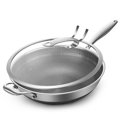 Wok de panal de miel de acero inoxidable no adhesivo con logotipo de impresión personalizado y tapa transparente