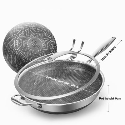 Wok de panal de miel de acero inoxidable no adhesivo con logotipo de impresión personalizado y tapa transparente