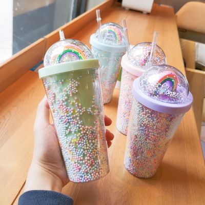 Creativo helado de doble pared 550ml vasos de plástico con paja de color personalizado para el unisexo