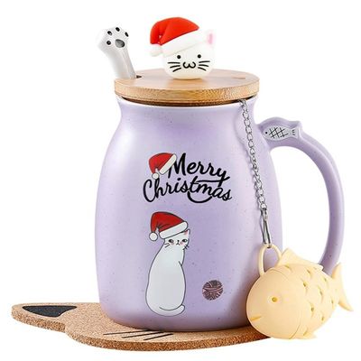 Taza de café cerámica portátil a prueba de fugas con diseño de gatito 3D y cuchara de acero inoxidable