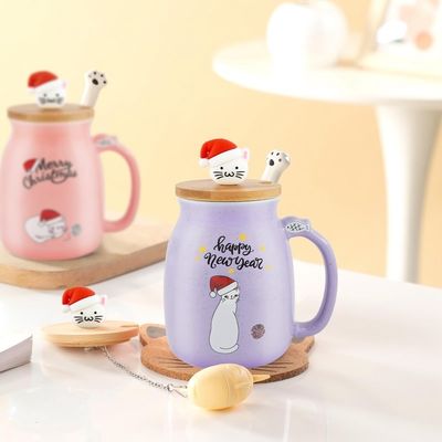 Taza de café cerámica portátil a prueba de fugas con diseño de gatito 3D y cuchara de acero inoxidable