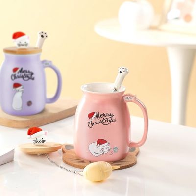 Cute Style 380ml Taza de café cerámica portátil con diseño 3D de gato pequeño y tapa de bambú