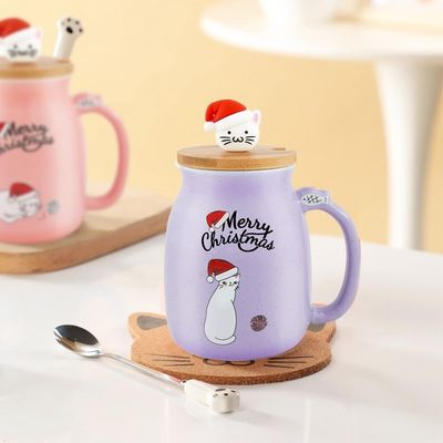 Cute Style 380ml Taza de café cerámica portátil con diseño 3D de gato pequeño y tapa de bambú