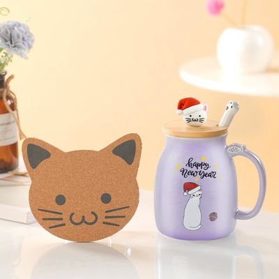 Cute Style 380ml Taza de café cerámica portátil con diseño 3D de gato pequeño y tapa de bambú